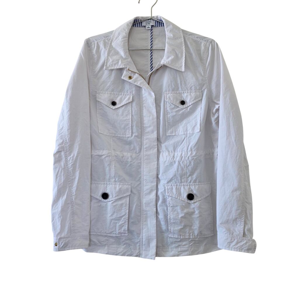 Crown & Ivy White Utility Safari Jacket Gold Zip Four Pocket Womens Size L